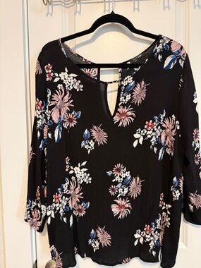 Floral Keyhole Long-Sleeve Top - Black/Pink/Blue